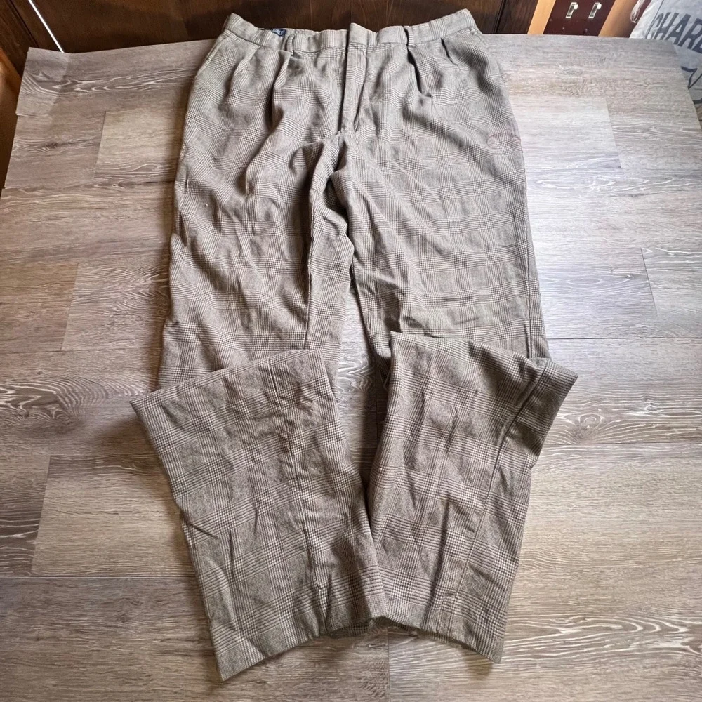 Lands End Wool Trousers Mens 40 Brown Glen Plaid Pleated Vintage Made in USA
